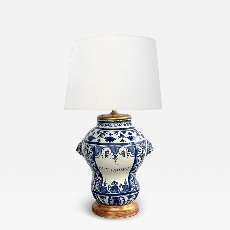 French 18th Century Faience Blue White Apothecary Jar Now Mounted as a Lamp