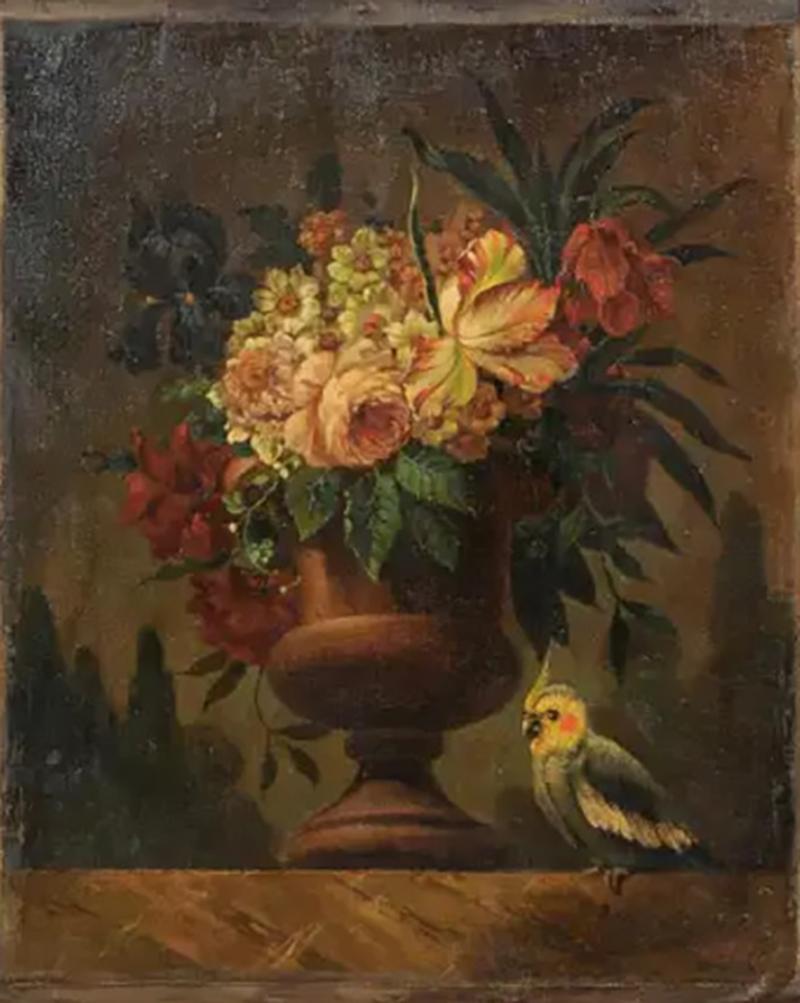 French 18th Century Framed Still Life Oil Painting with Bouquet and Parakeet