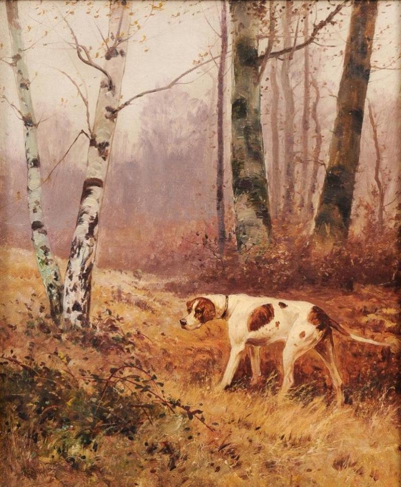 French 1900s Oil Painting Depicting a Pointer Standing at the Edge of the Woods