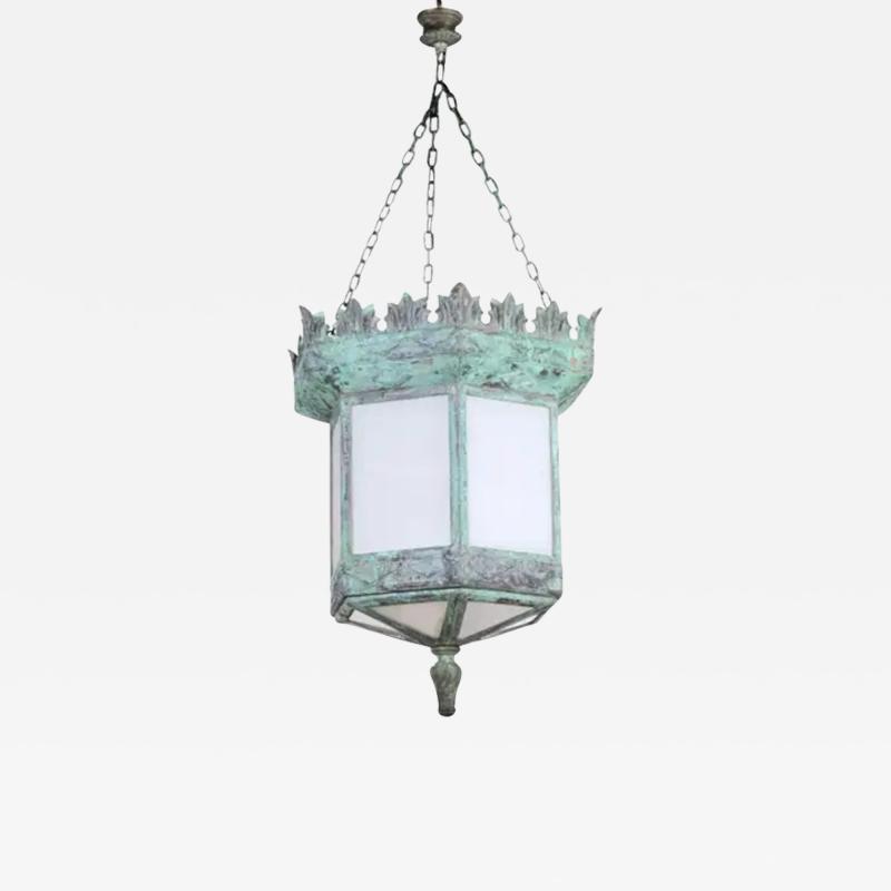 French 1910s Art Deco Hexagonal Lantern with Milk Glass and Verdigris Patina