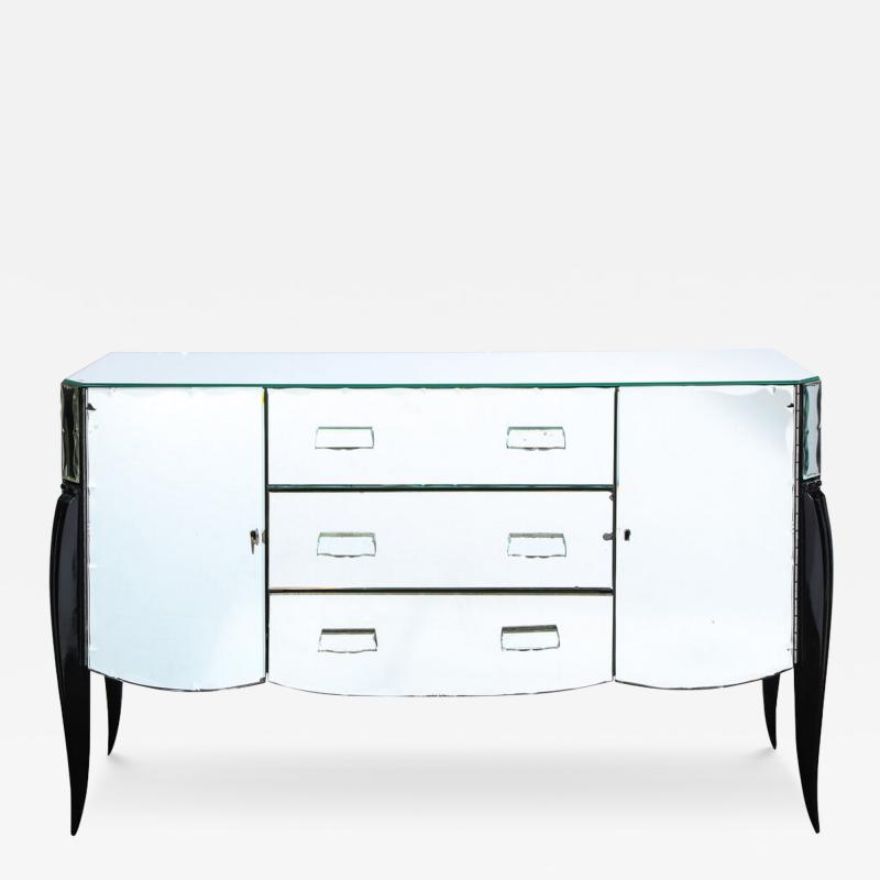 French 1940s Art Deco Beveled Mirrored Chest with Ebonized Walnut Cabriolet Legs