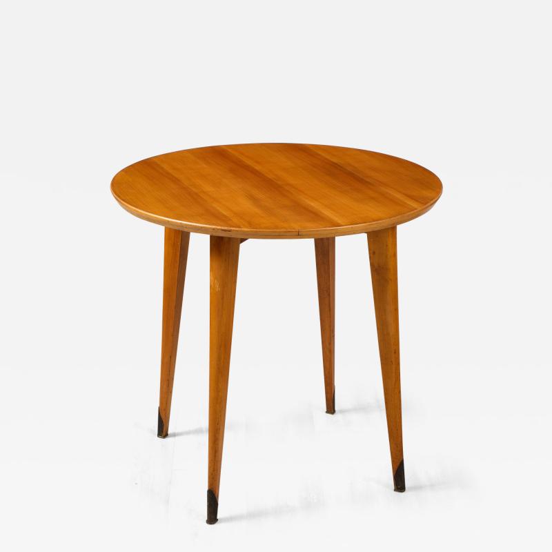 French 1940s Circular Wood Side Table with Brass Sabot