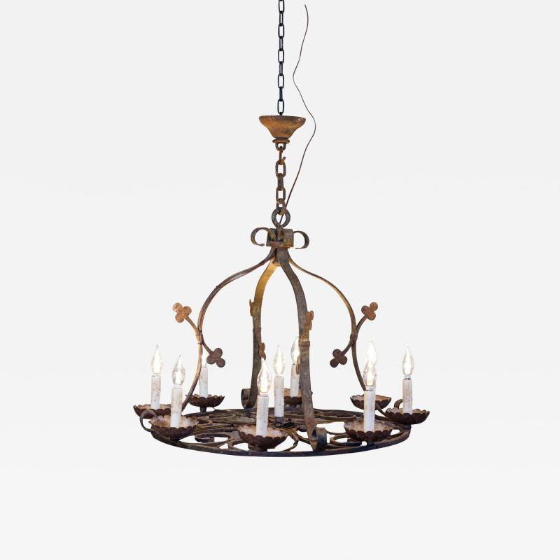 French 1940s Wrought Iron Nine Light Chandelier with Clover Leaves USA Wired