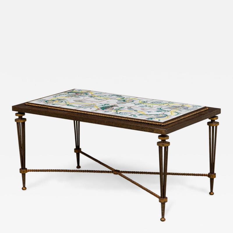 French 1940s rectangular wrought iron coffee table with inset tile top att G