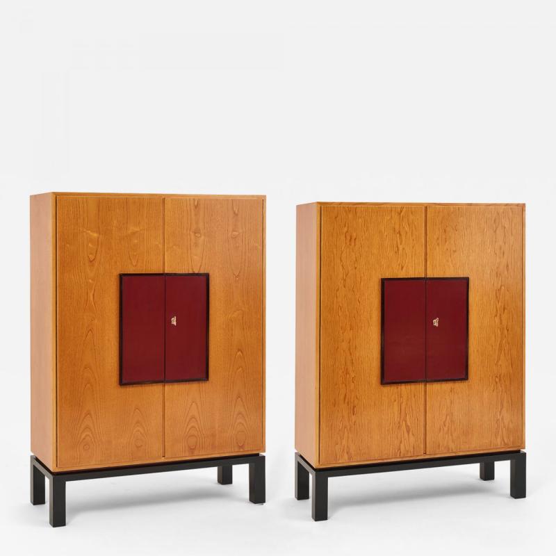 French 1950s Pair of HIgh Cabinets in Oak and Leather