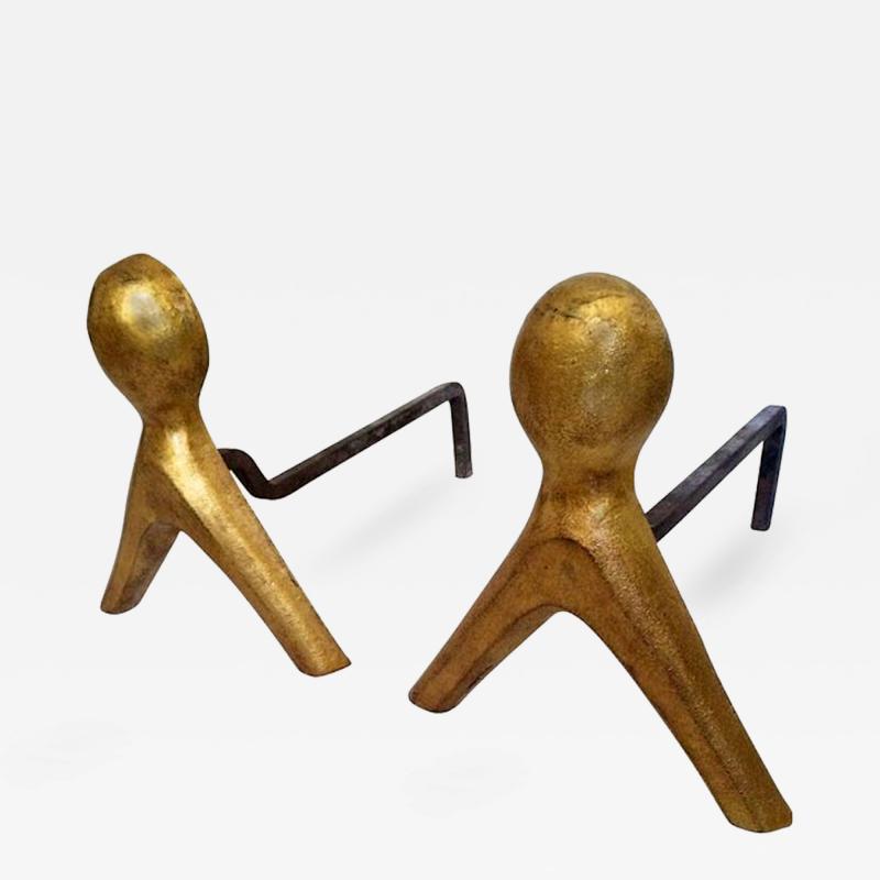 French 1950s Pair of Wrought Iron Andirons with Gold Leaf Abstract Figures