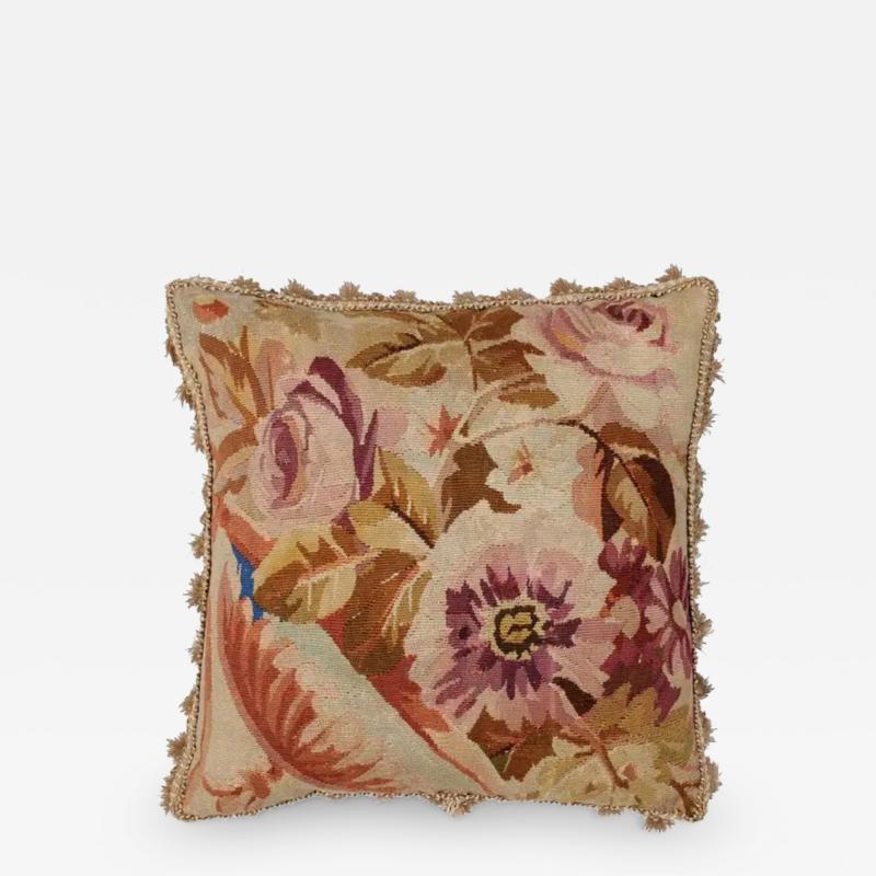 French 19th Century Aubusson Floral Tapestry Pillow with Petite Tassels