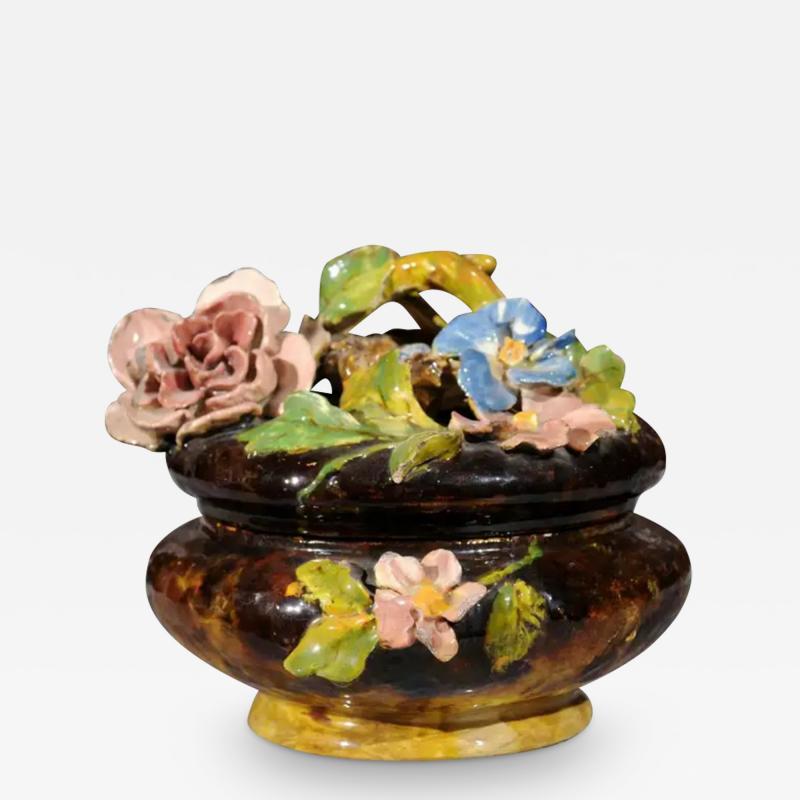French 19th Century Barbotine Covered Bowl with Floral D cor and Birds Nest
