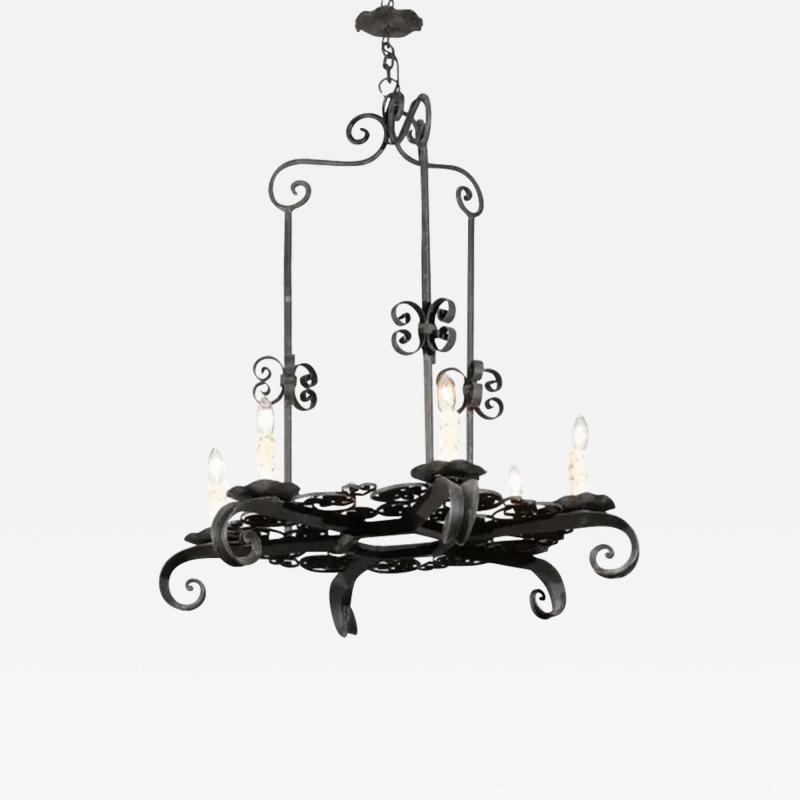 French 19th Century Black Iron Six Light Chandelier with Scrolled Motifs