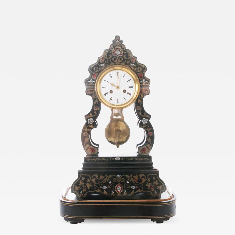French 19th Century Boulle Inlay Table Clock Under Glass Dome