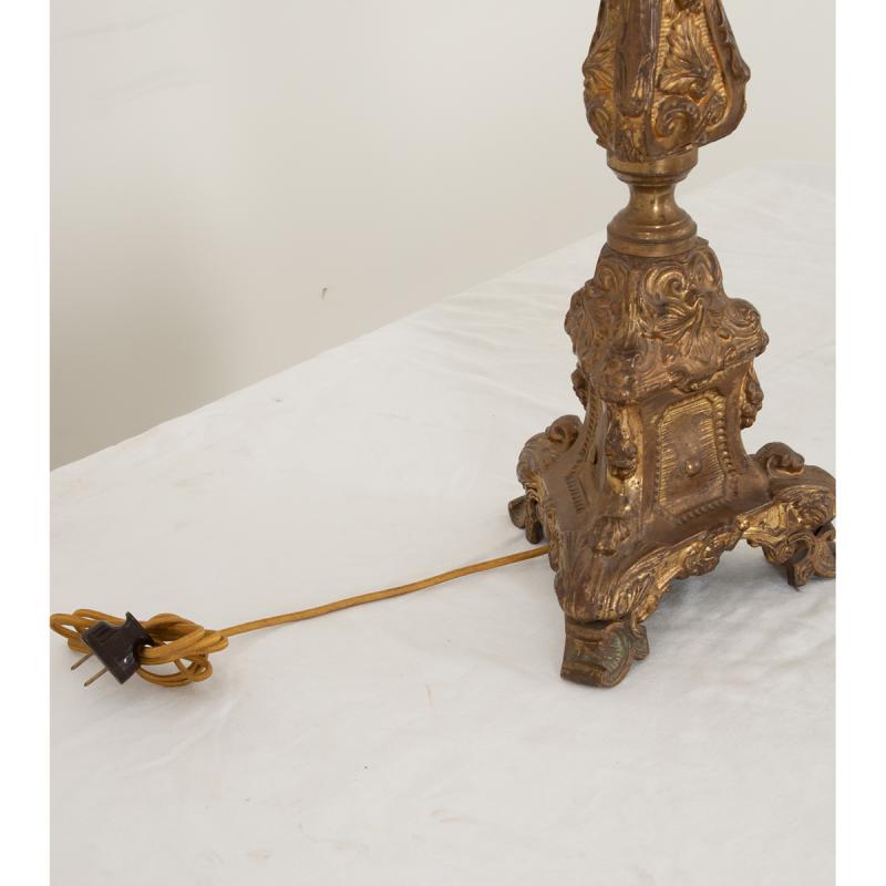 French 19th Century Brass Altar Candlestick Lamp and Shade
