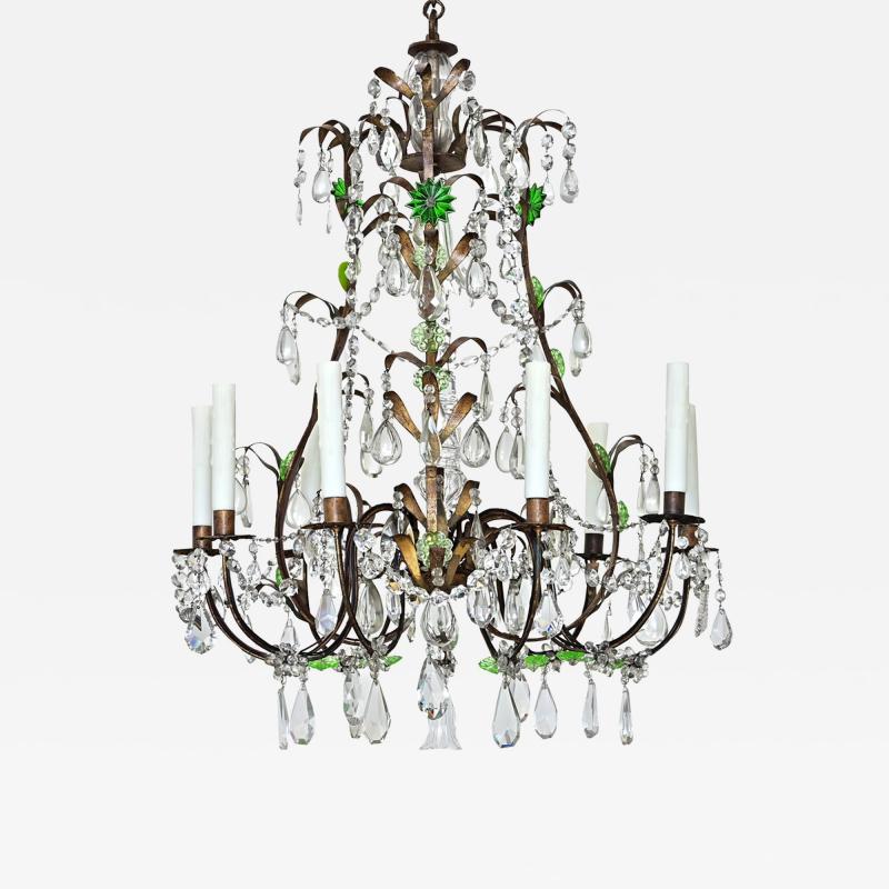 French 19th Century Brass Chandelier with Clear Green Crystals