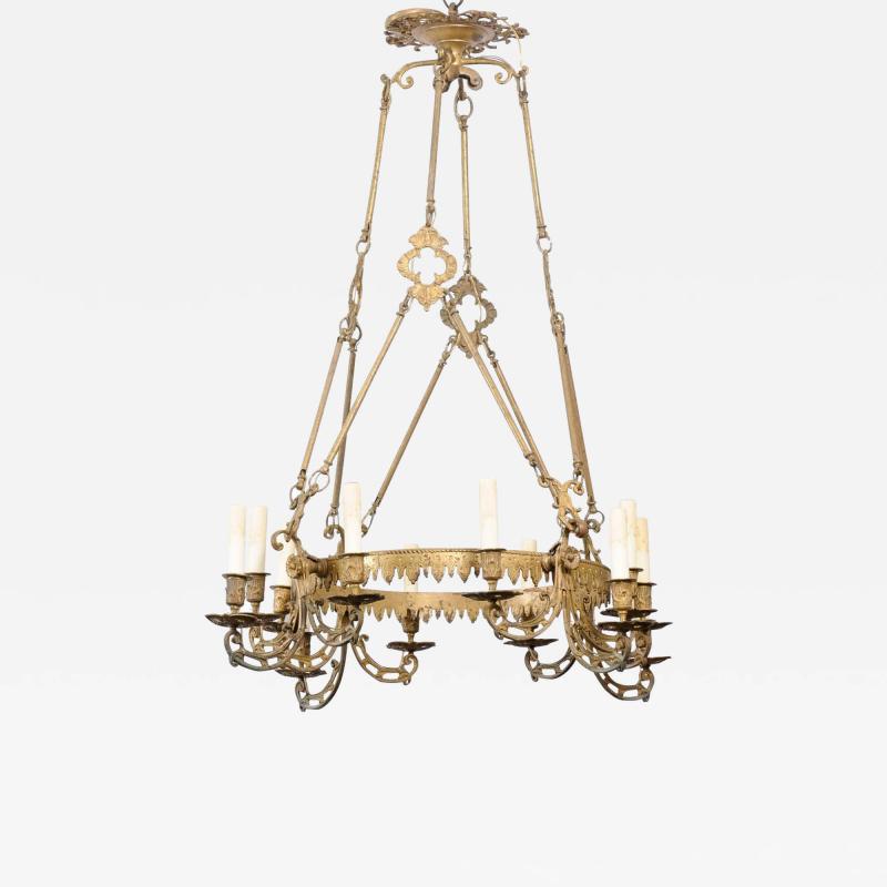 French 19th Century Bronze Twelve Light Ring Chandelier with Scrolling Arms