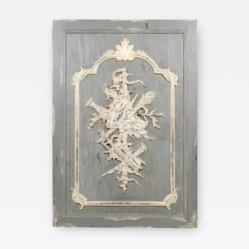 French 19th Century Carved and Painted Wooden Panel with Liberal Arts Allegory
