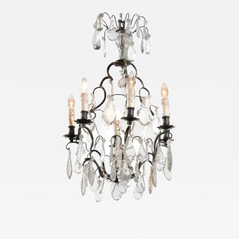 French 19th Century Crystal Six Light Chandelier with Iron Armature and Obelisk