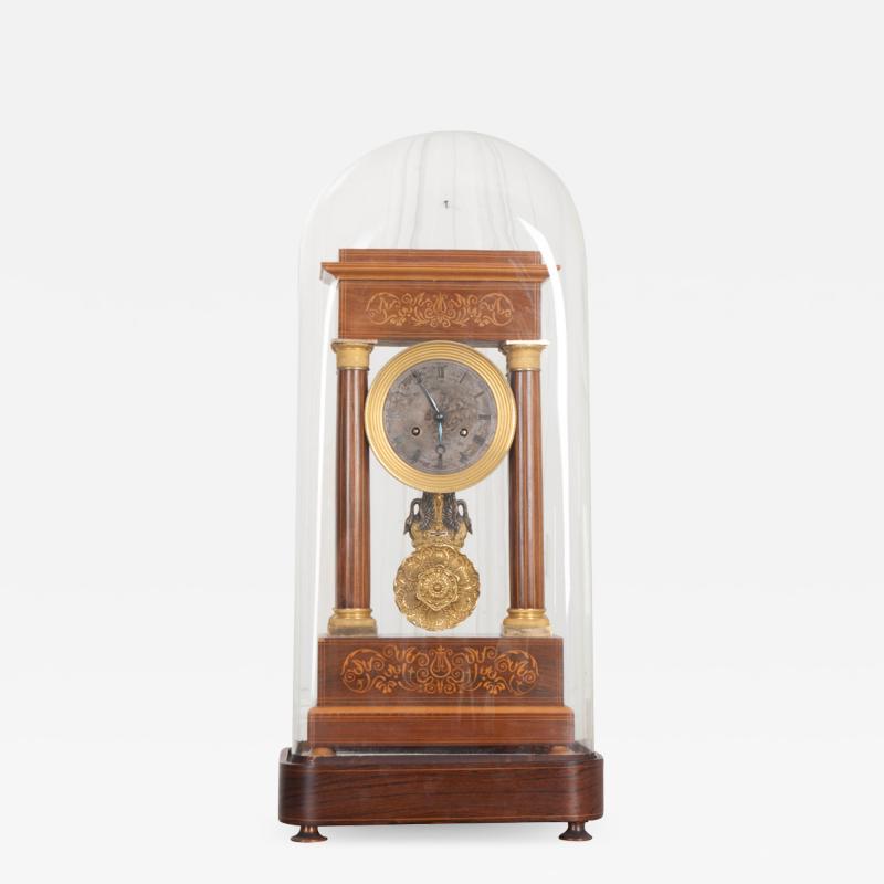 French 19th Century Empire Style Marquetry Satinwood and Bronze Portico Clock