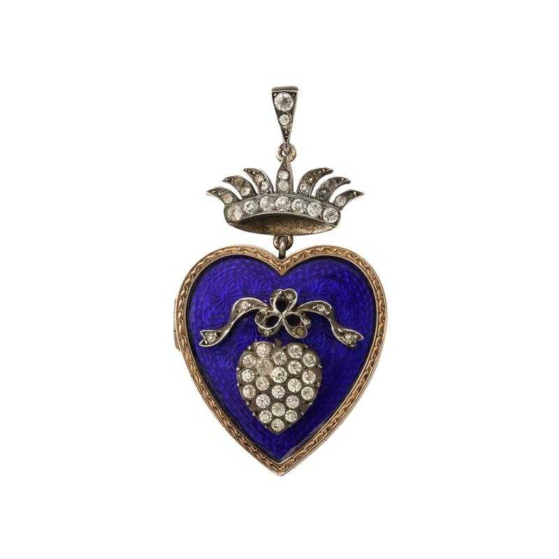 French 19th Century Enamel Heart Locket with French Paste Stones