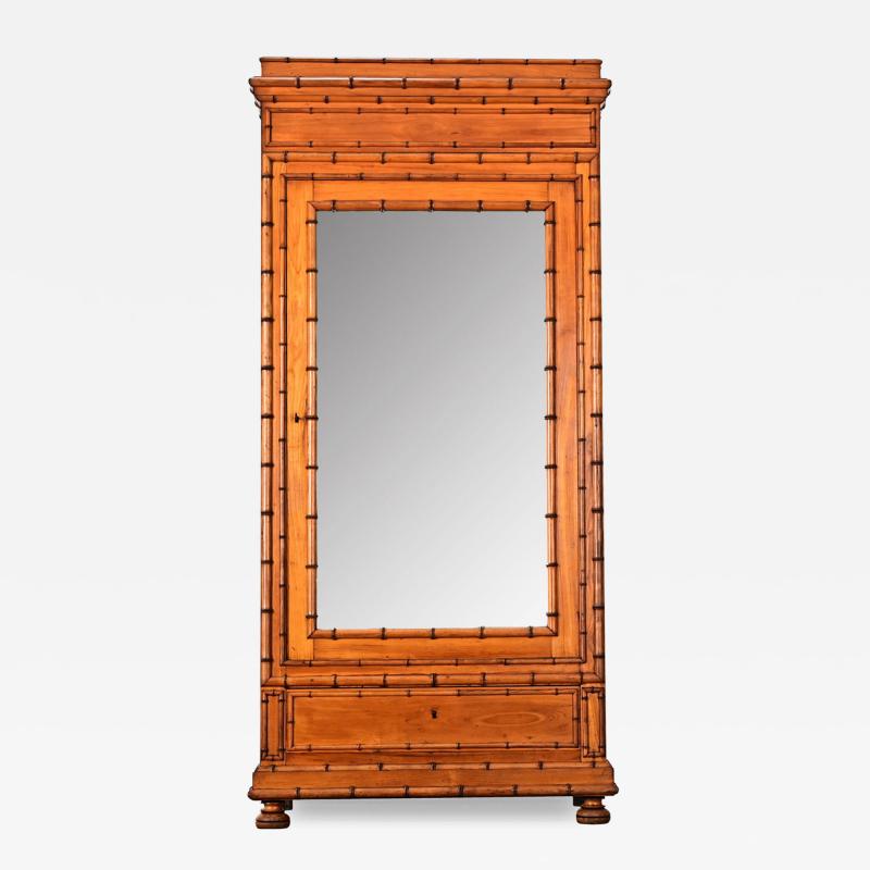 French 19th Century Faux Bamboo Pine Mirror Armoire