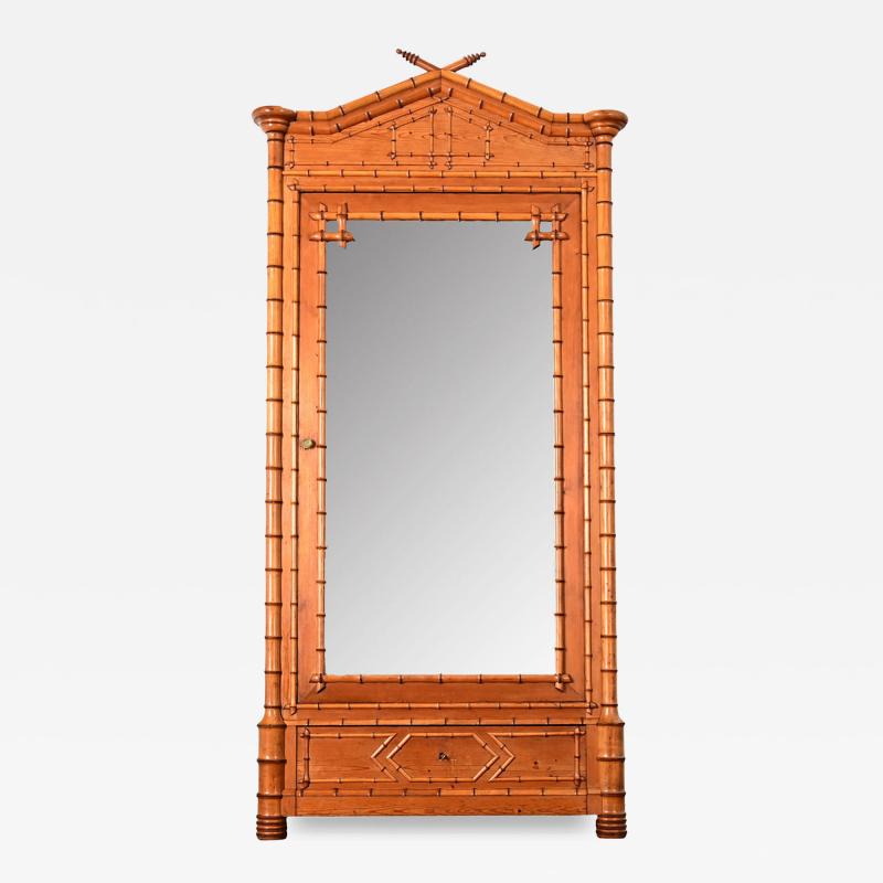 French 19th Century Faux Bamboo Pine Mirror Armoire