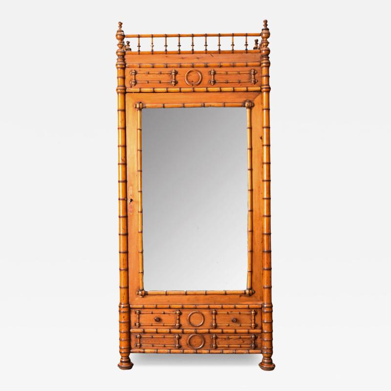 French 19th Century Faux Bamboo Pine Mirror Door Armoire