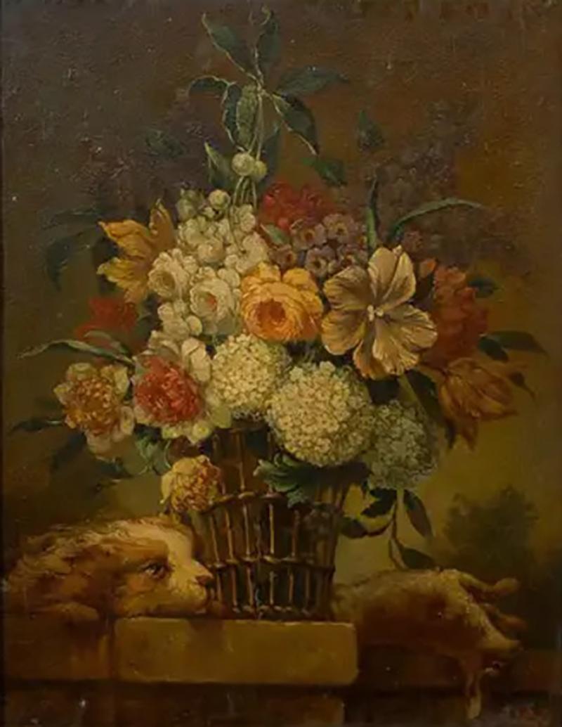 French 19th Century Framed Still life Floral Painting with Dog and Rabbit Motifs