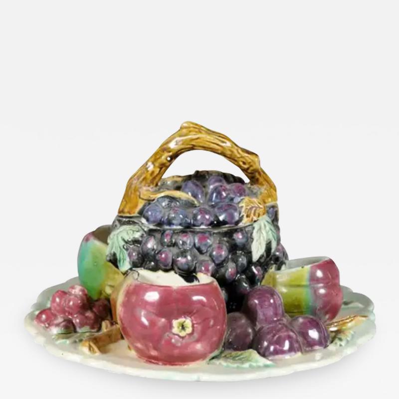 French 19th Century Glazed Majolica Lidded Fruit Dish with Grapes