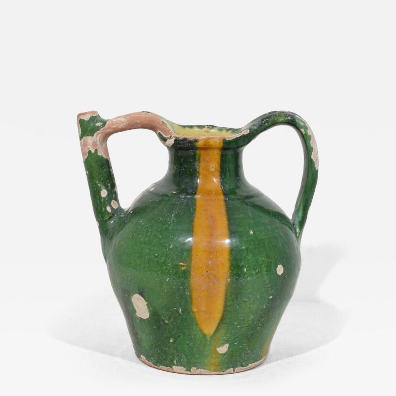 French 19th Century Green Yellow Glazed Terracotta Jug or Water Cruche Orjol