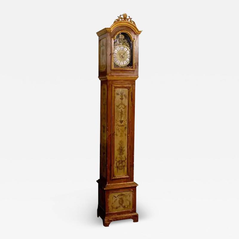 French 19th Century Longcase Painted Clock with Carved Crest and Classical D cor