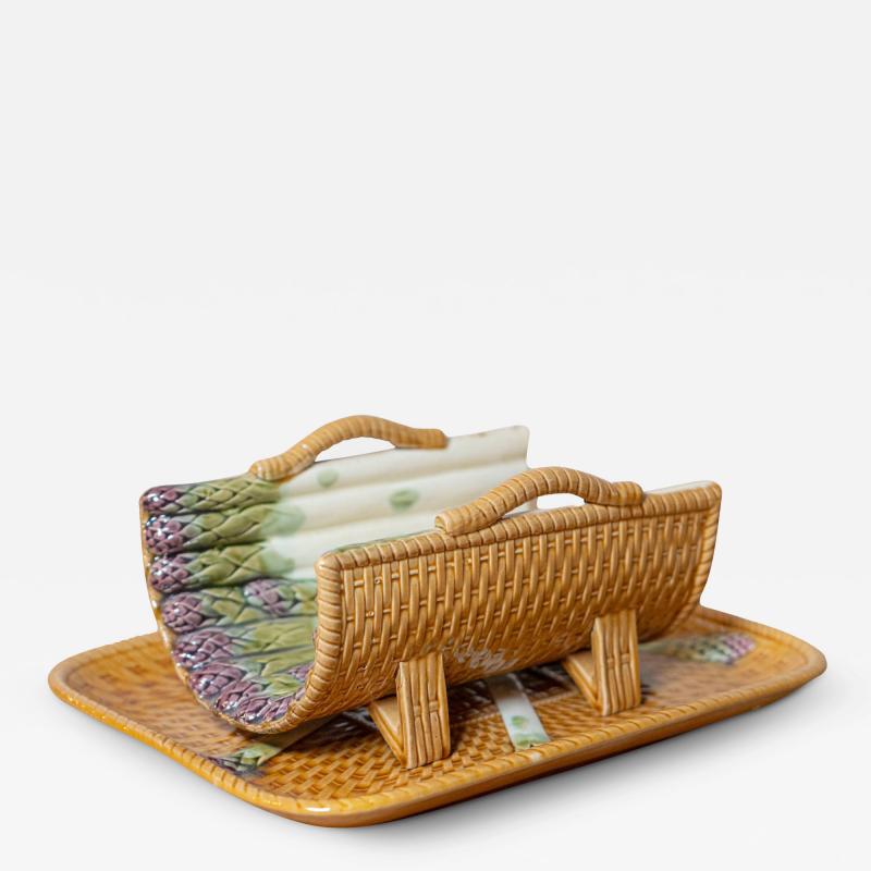 French 19th Century Majolica Asparagus Tray with Cradle and Wicker Motif