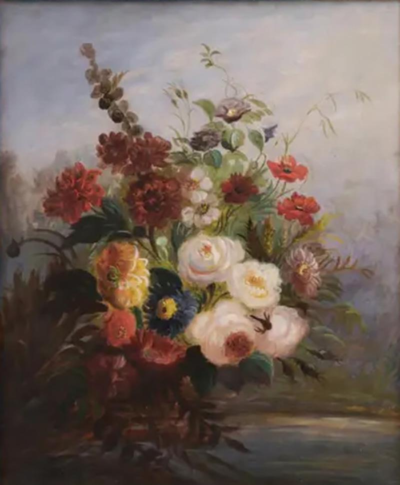 French 19th Century Oil on Canvas Floral Painting circa 1830 in Gilt Frame