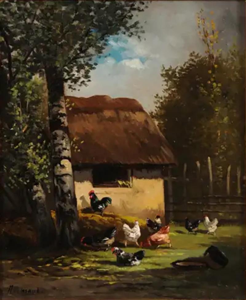 French 19th Century Oil on Canvas Painting Depicting Roosters in a Barnyard