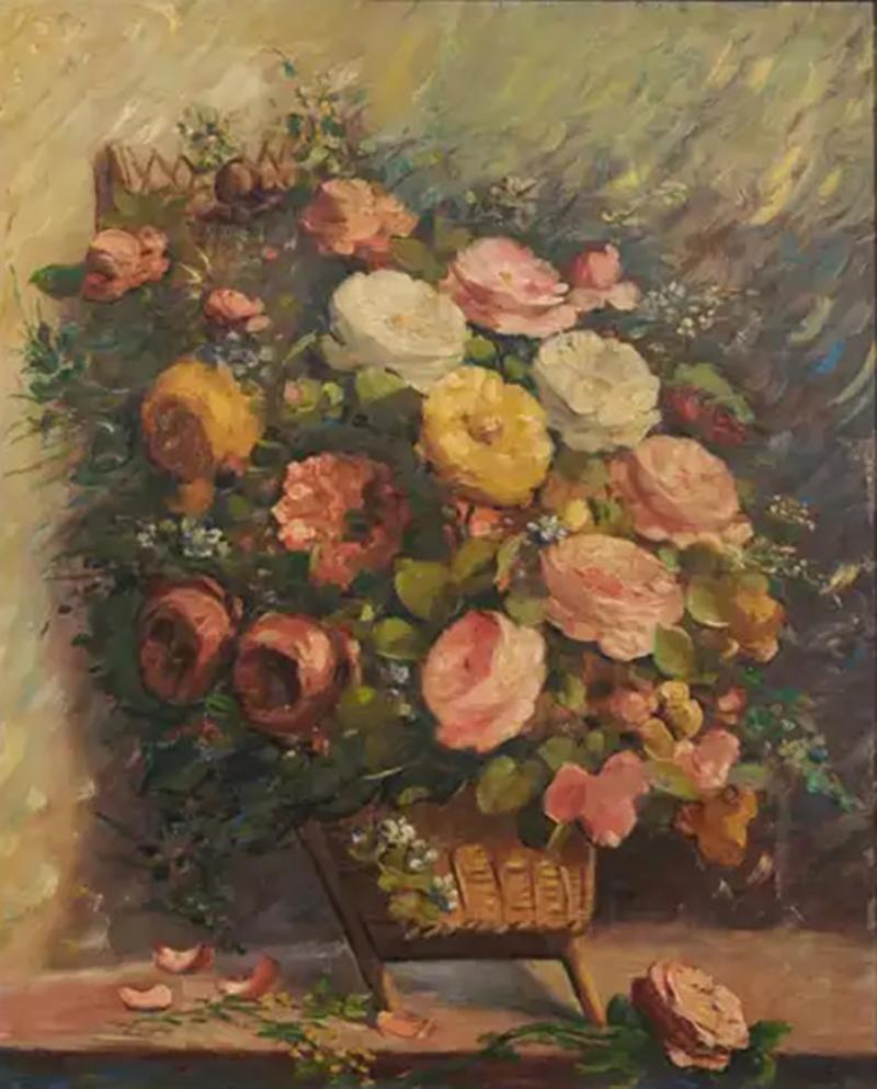 French 19th Century Oil on Canvas Still Life Painting Depicting Roses in Basket