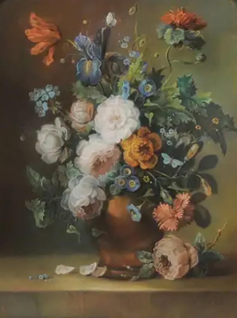 French 19th Century Paste Painting with Bouquet of Flowers in Giltwood Frame