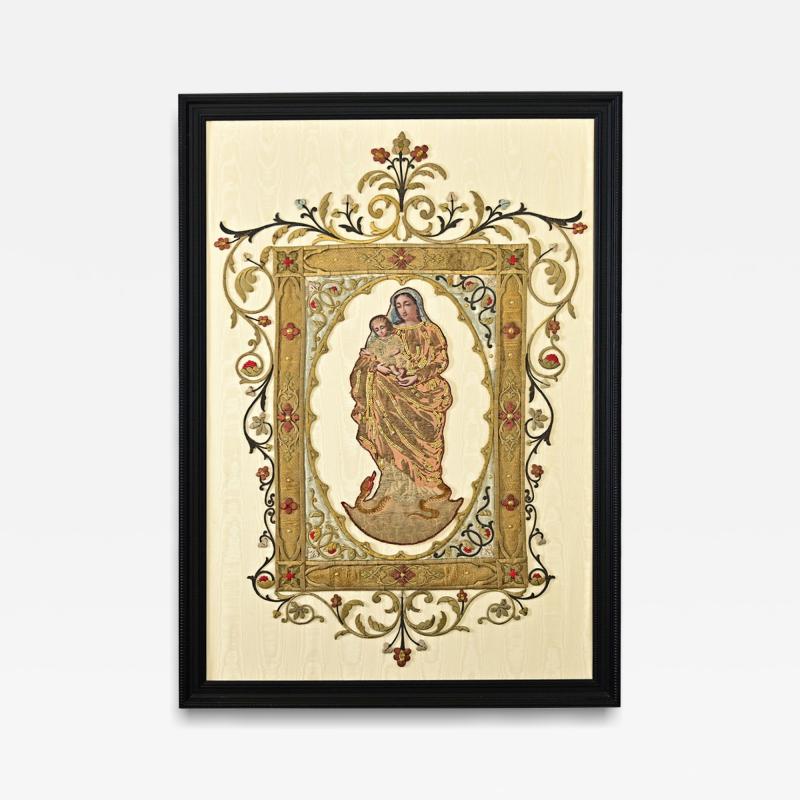 French 19th Century Raised Embroidery of Madonna Child