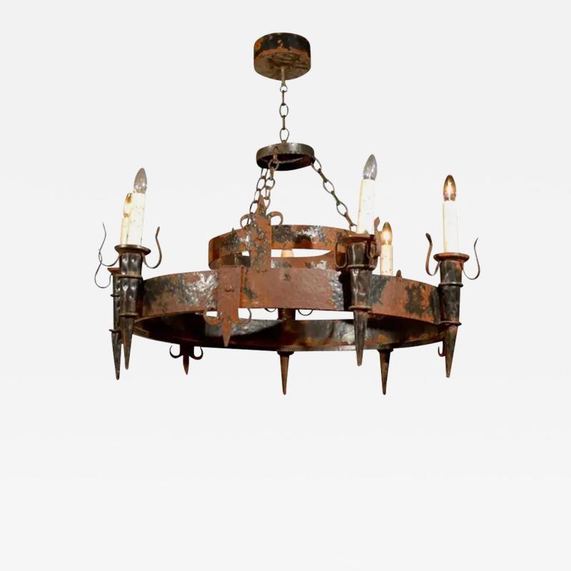 French 19th Century Rusted Iron Six Light Chandelier with Fleur De Lys Motifs