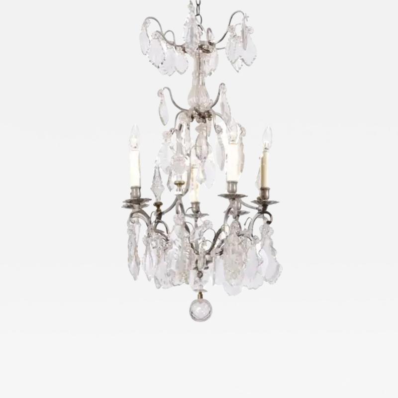 French 19th Century Six Light Crystal Chandelier with Silvered Iron Armature