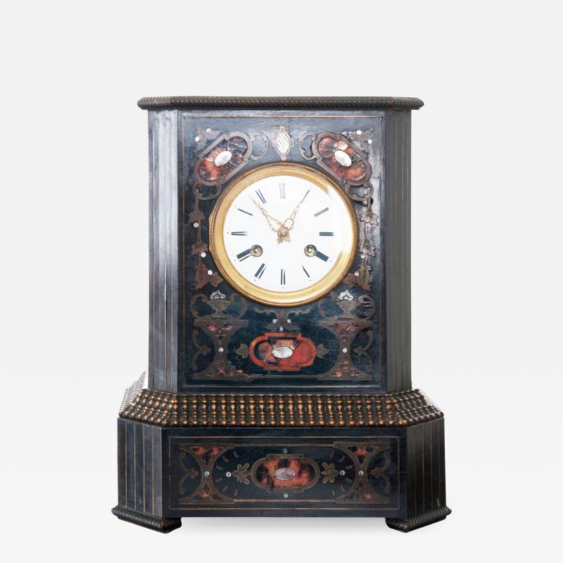 French 19th Century Table Clock of Ebonized Wood with Brass Shell Inlay