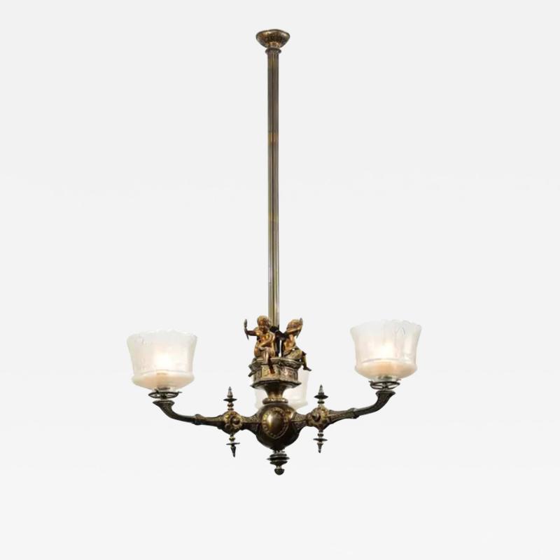 French 19th Century Three Light Bronze and Baccarat Chandelier with Cherubs