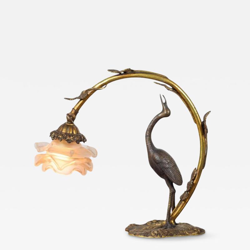 French 20th Century Art Nouveau Bronze Heron Lamp