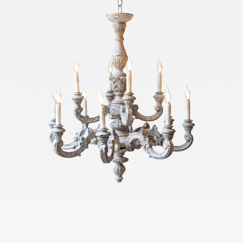French 20th Century Carved and Painted Wood Twelve Light Chandelier