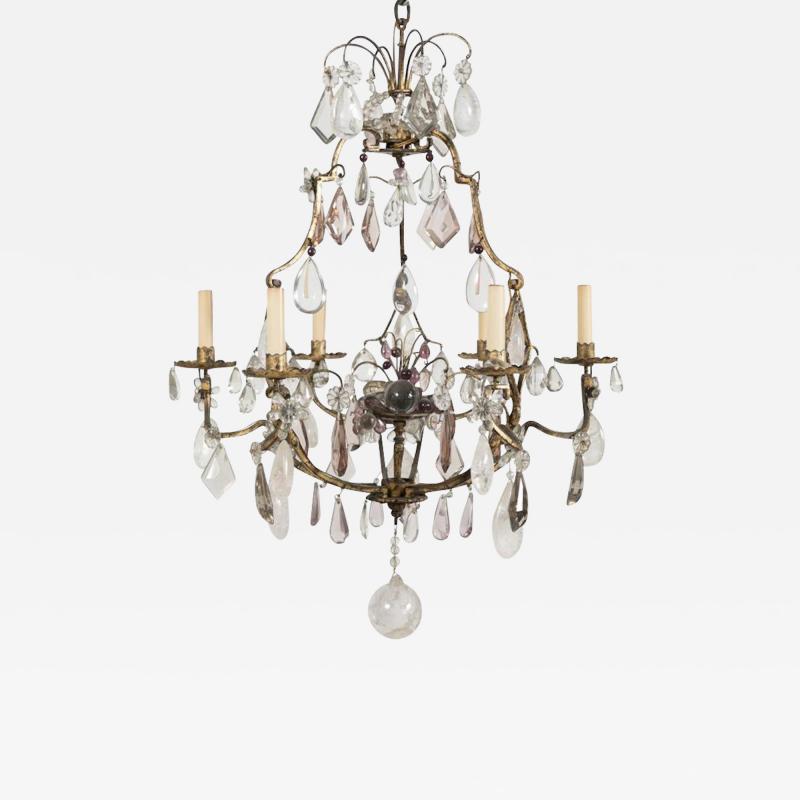 French 3 Double Light Gilded Rock Crystal Chandelier