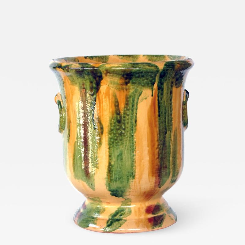 French Anduze Style Pottery Garden Pot with Yellow Green and Brown Drip Glaze