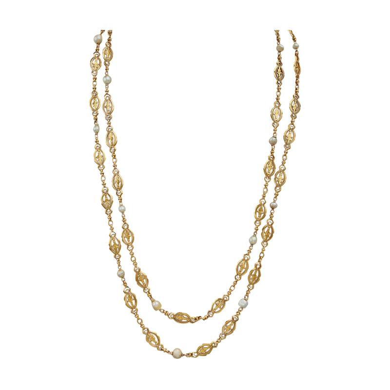 French Antique 18K Gold and Pearl Longchain Necklace
