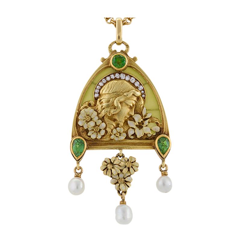 French Antique Gold Enamel Diamond Peridot and Plique Jour Juliet Pendant