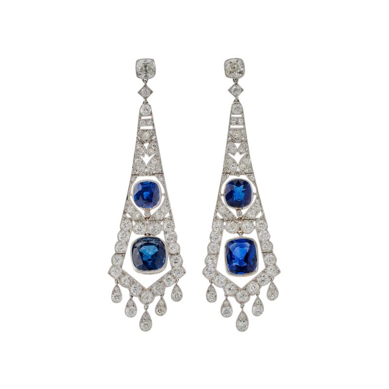 French Art Deco AGL Natural No Heat Sapphire and Diamond Pendant Earrings