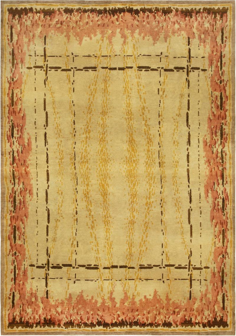French Art Deco Amber Chocolate Coral and Red Handmade Wool Rug
