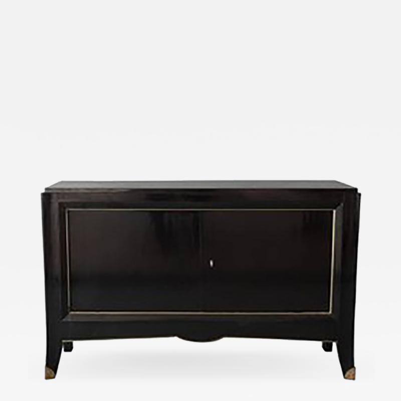 French Art Deco Black Lacquered Two Door Buffet Commode with Bronze Details
