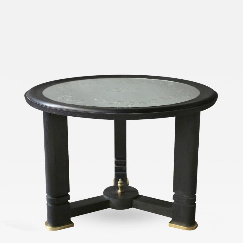 French Art Deco Blackened Wood and Etched Glass Gueridon