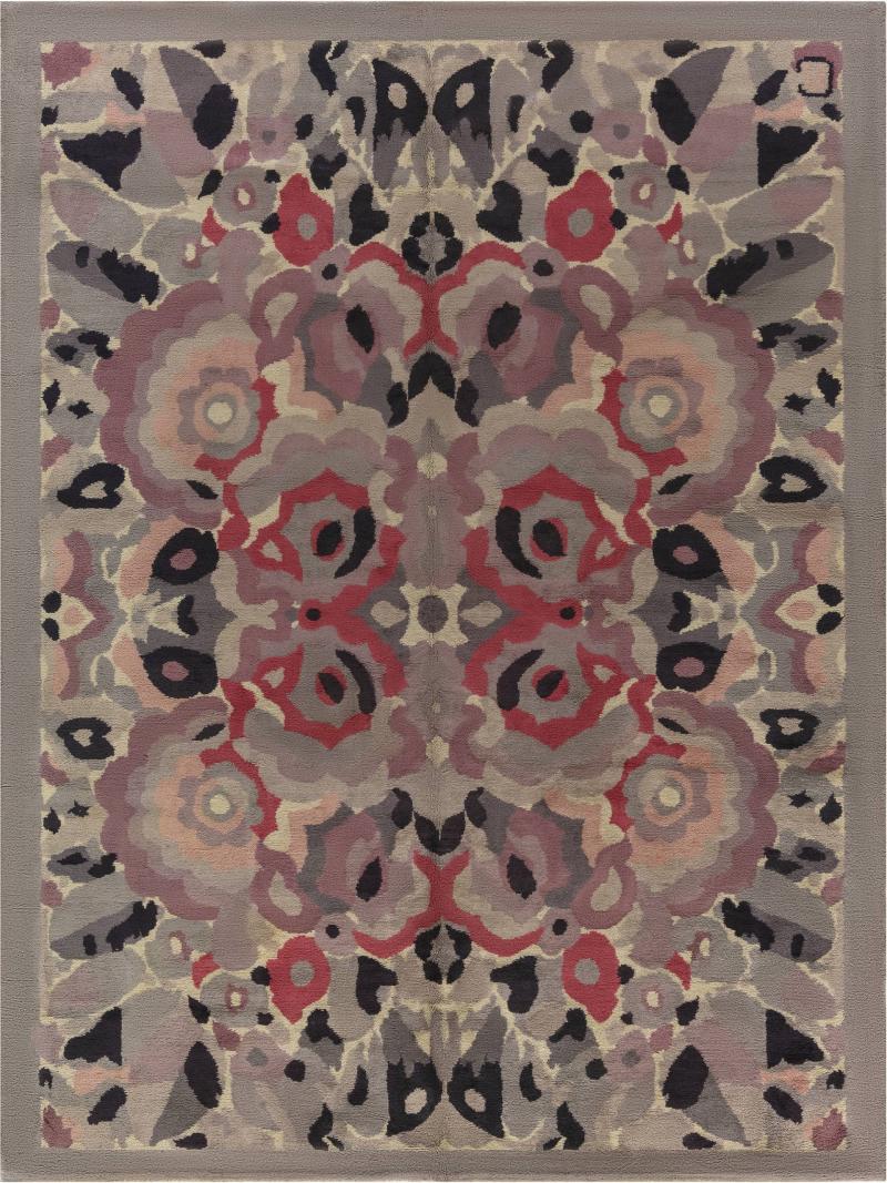 French Art Deco Botanic Handmade Wool Rug