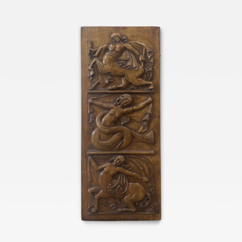 French Art Deco Carved Wood Relief with 3 Panels